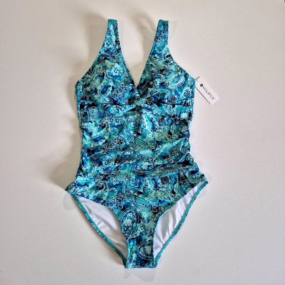 Holipick Womens One Piece Swimsuit Teal Paisley Ruched Tummy Control Size M NWT